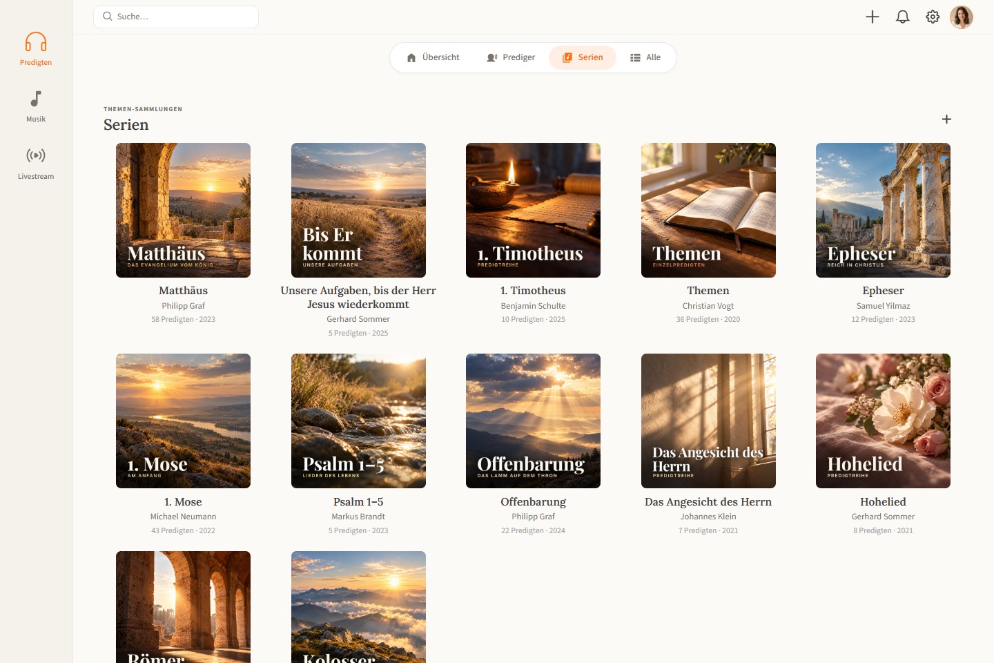 Sermony im Browser: Predigtserien mit Coverbildern und seitlicher Navigation